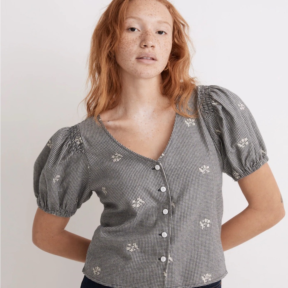 Madewell | Embroidered Flannel Bubble-Sleeve Crop Shirt